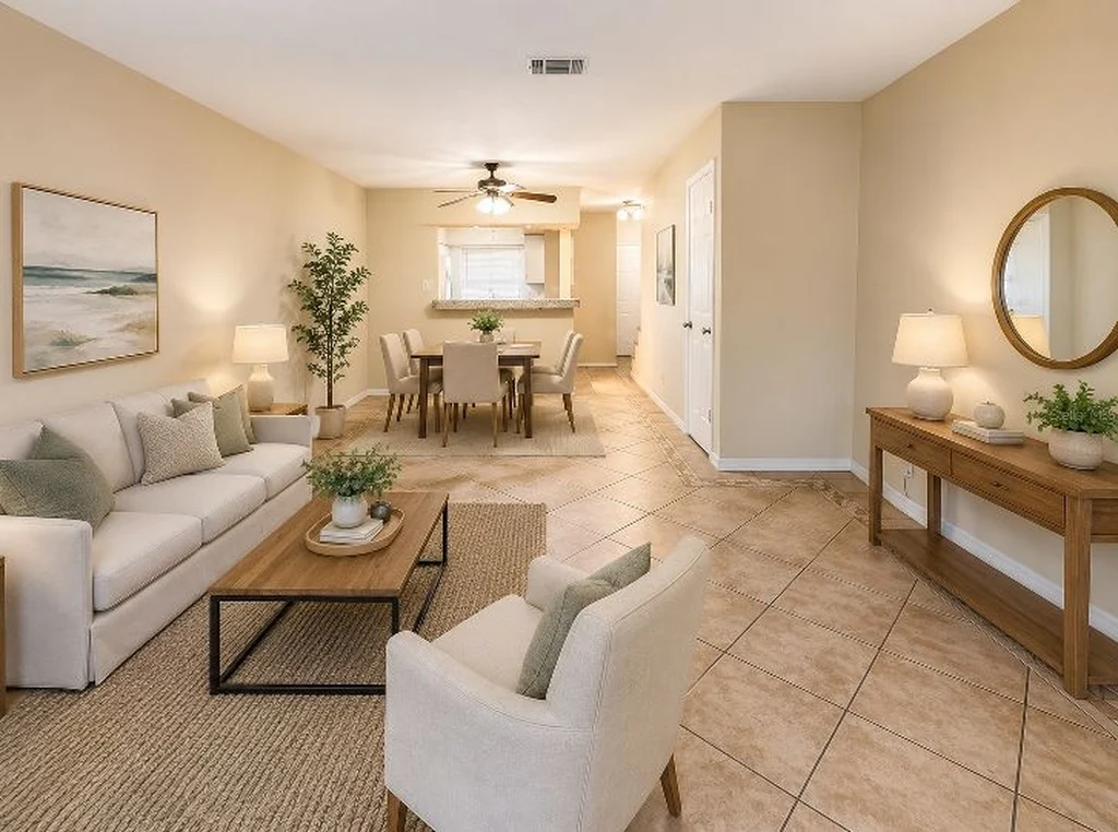 Virtually staged living and dining room